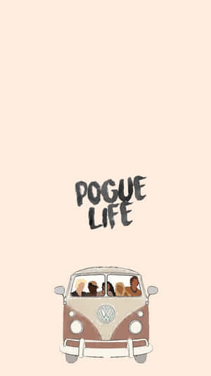 插圖風格的復古貨車，車上有人物，蜜桃色背景上寫有「POGUE LIFE」文字。