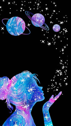 女孩將星星吹入有彩色行星的星空。 — 可愛 壁紙