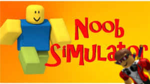 Roblox角色，黃色背景上有紅色「Noob Simulator」文字。