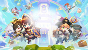一群chibi奇幻角色在城堡周圍飛翔，背景有彩虹。
