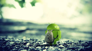 綠色Android公仔揹著背包站在戶外碎石上。