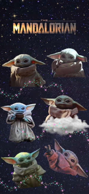 Baby Yoda 在宇宙中穿著各種斗篷，帶有閃光和「The Mandalorian」標題。 — iPhone 16e 壁紙