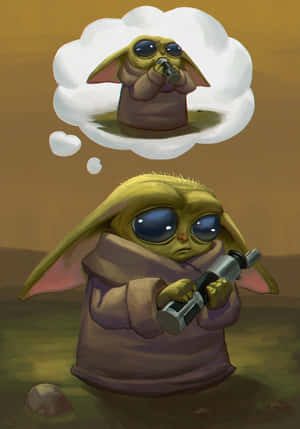 Baby Yoda 手持爆能槍，並有一個對話氣泡顯示他在麥克風前唱歌。 — 可愛 壁紙