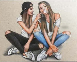 兩個女孩盤腿坐著，頑皮地分享泡泡糖。