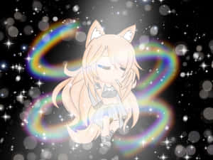 閉著眼睛的Q版狐狸女孩在太空中被彩虹和星星包圍。 — Gacha life GIF 壁紙