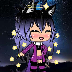 Q版動漫女孩，有狼耳朵和紫色頭髮，在夜空下被星星包圍。 — Gacha life GIF 壁紙
