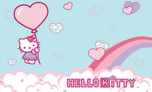 Hello Kitty 在雲端上拿著氣球，伴隨著彩虹和心形圖案。