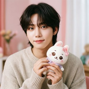 年輕男子在舒適的粉紅色房間裡抱著一隻毛絨兔子玩具。 — Stray kids GIF 壁紙