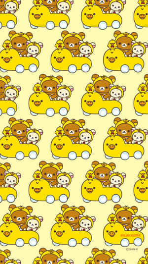 Rilakkuma和朋友們乘坐黃色汽車的重複圖案壁紙。