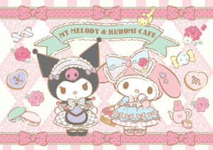 My Melody 和 Kuromi 穿著咖啡廳服裝，搭配粉紅玫瑰和甜點。