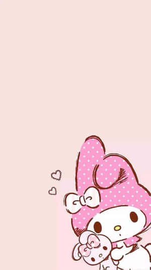My Melody 卡通角色探出頭來，附近有漂浮的心形。