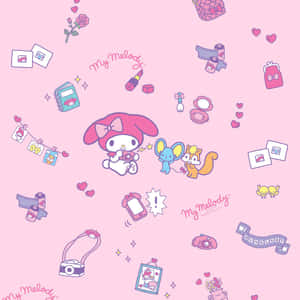 My Melody 和朋友們在粉紅色背景上，散落著照片和心形。