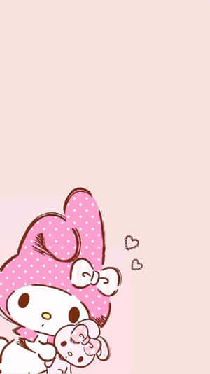My Melody 卡通角色抱著一個較小的自己，附近有漂浮的心形。