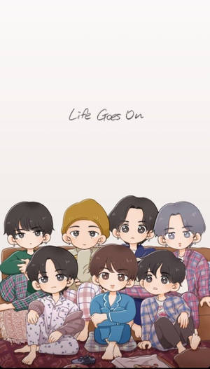 七個穿著睡衣的動畫男孩坐在沙發上，上方有文字Life Goes On。