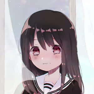 穿著校服的動漫女孩，紅眼睛和臉紅，透過窗簾看著。