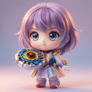 紫髮動漫女孩拿著Beyblade玩具。