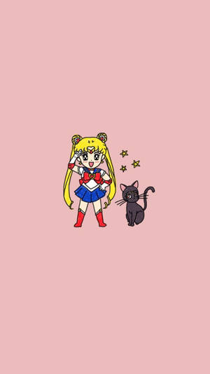 美少女戰士和她的黑貓同伴，附近有星星漂浮在粉紅色背景上。 — 粉紅 壁紙