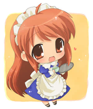 橙色頭髮的chibi動漫女僕女孩手持茶杯。 — Motorola Razr Ultra 2026 壁紙