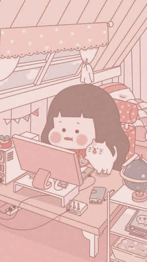 女孩與貓在粉紅色閣樓房間的書桌前工作
