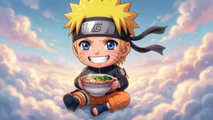 Chibi Naruto 微笑住喺雲層中漂浮，揸住一碗拉麵。