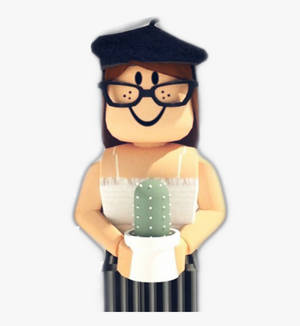 戴貝雷帽和眼鏡的 Roblox 頭像，拿著一盆仙人掌。