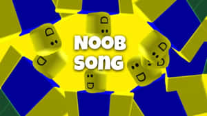 黃色方塊角色帶有簡單的臉孔，在明亮的數位場景中圍繞著文字「NOOB SONG」。