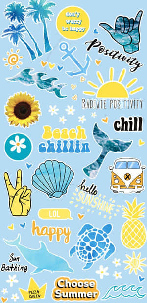 色彩繽紛的海灘貼紙，帶有太陽、海龜和正面短語，營造夏日氛圍。