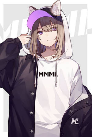 擁有貓耳的動漫女孩穿著連帽衫和外套。
