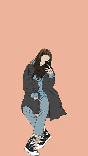 穿著外套和運動鞋的女孩在桃色背景下用手機自拍。