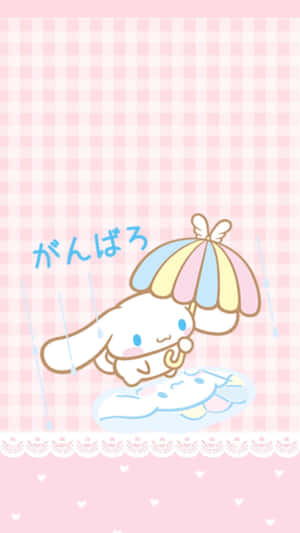 Cinnamoroll 喺雨中漂浮喺水氹入面，揸住一把彩虹傘。 — 兔子 壁紙