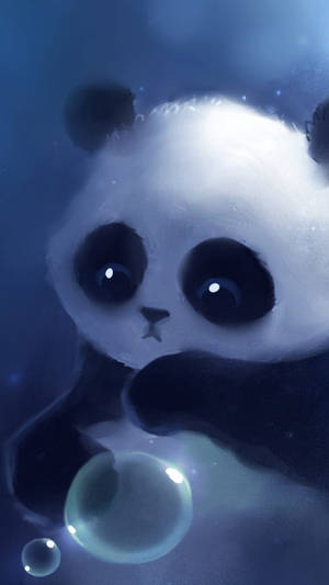 一隻卡通熊貓在藍色夢幻場景中拿著一個發光的泡泡。 — 熊貓 壁紙