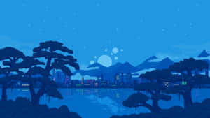 像素藝術城市夜景，星空下松樹環繞，燈光在水面上閃爍倒映。 — 可愛桌面動態圖 壁紙