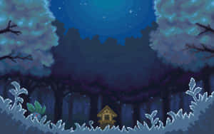 星空下雪地森林中的舒適小屋。