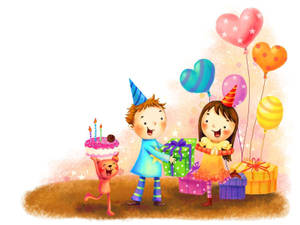 孩子們用禮物、氣球和蛋糕與一隻頑皮的狗一起慶祝生日。