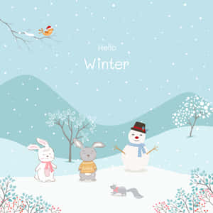 兩隻兔子和一個雪人在飄雪和漿果灌木叢中享受雪白的冬日。 — iPad 第10代 壁紙