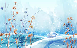 白雪皚皚的冬季場景，一座小房子和高大的乾燥植物在藍色景觀中。 — 冬天 壁紙