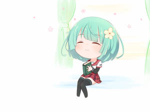 綠髮動漫女孩在明亮的房間裡拿著書微笑。