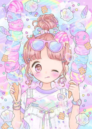 動漫女孩在閃閃發光的粉彩世界中拿著巨大的彩虹雪糕筒。 — 雪糕 壁紙