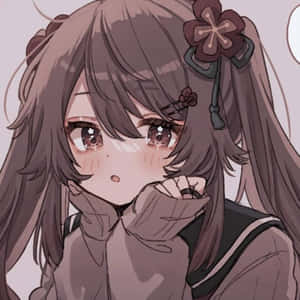 動漫女孩，棕色頭髮，戴著花朵髮夾，害羞地咬著手指。