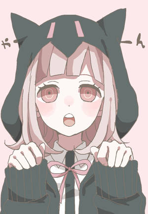 粉紅色頭髮和貓耳朵的動漫女孩看起來很驚訝，雙手合十。 — 可愛動漫女仔 壁紙