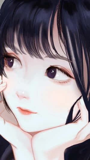 深色頭髮和紫色眼睛的動漫女孩雙手托腮。