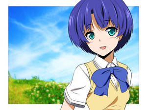 紫色頭髮和綠色眼睛的動漫女孩，在陽光明媚的田野裡穿著校服。