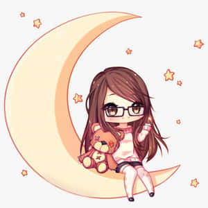 戴眼鏡女孩抱著泰迪熊在新月上與星星