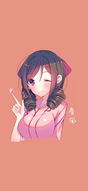 穿著粉紅色和服的動漫女孩眨眼並用手指指著（附愛心）