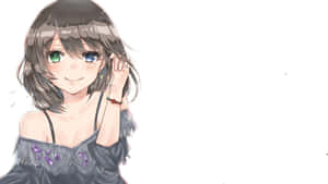 動畫女孩，擁有不同顏色的綠色和藍色眼睛，微笑著觸摸耳朵。 — 可愛動漫女仔 壁紙