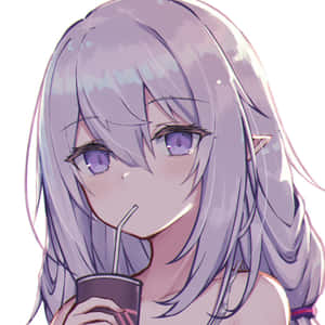 擁有薰衣草色頭髮的動漫女孩用吸管啜飲飲料。 — 可愛動漫女仔 壁紙