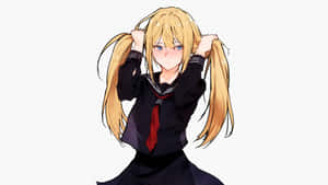 穿著水手服的動畫女孩拉扯她的金髮雙馬尾 — 可愛動漫女仔 壁紙