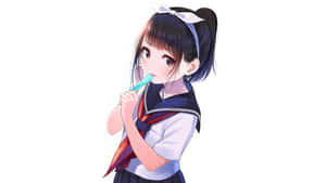 身穿水手服嘅動畫女仔用藍色牙刷刷牙。