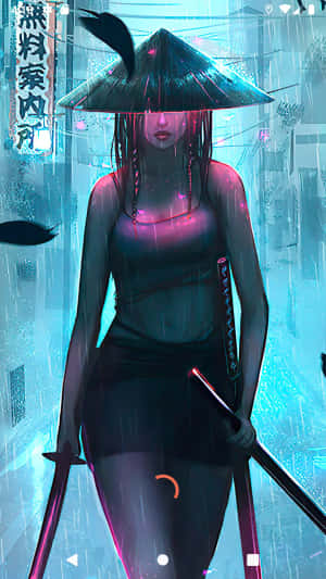動漫女戰士在霓虹雨巷中持劍，戴著圓錐帽。
