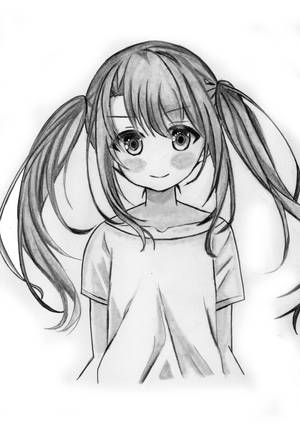 動漫女孩紮著辮子，臉頰紅潤，在鉛筆素描中微笑。 — 可愛動漫女仔 壁紙